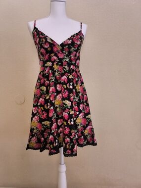 Floral V-Neck Spaghetti-Strap Mini Dress - Black with Pink & Yellow Flowers